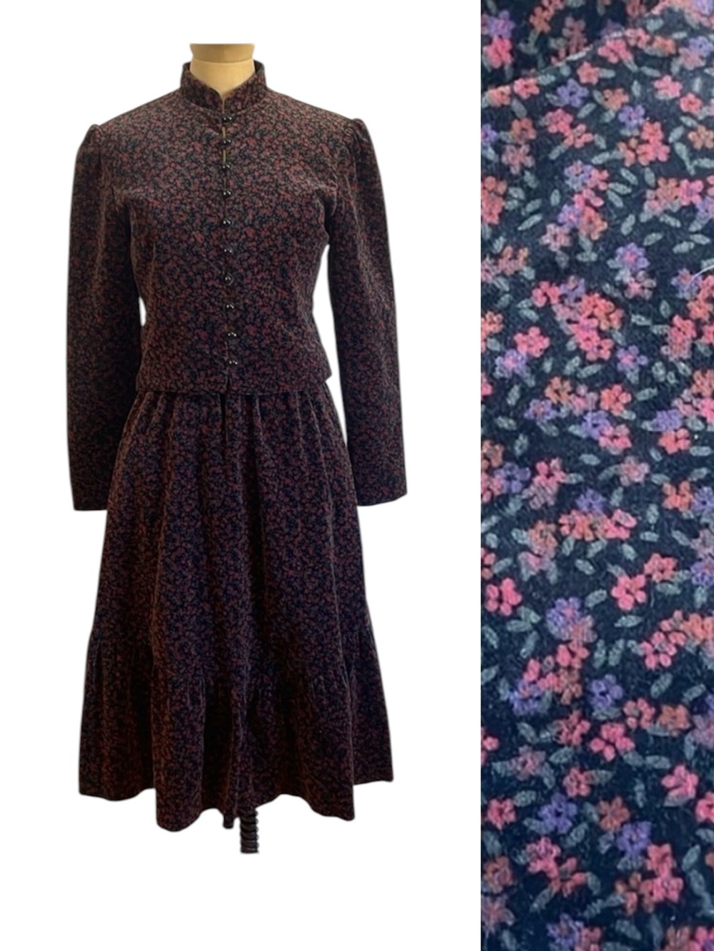 VTG Lanz Velvet Skirt Set Black Micro Floral Jacket Cottage Grandma Feminine